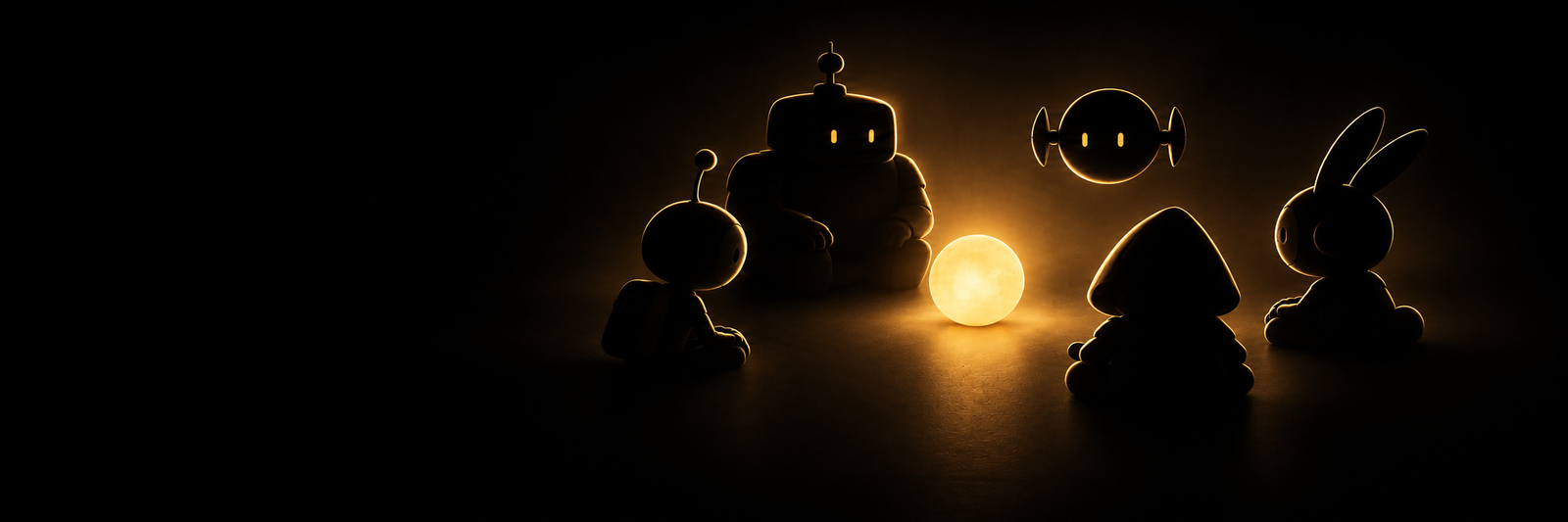 The crew who never sleep, as silhouettes around the glowing orb